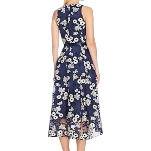 NWT Tahari Navy Blue Floral Embroidered Tea Length High Low Dress Size 8 - Picture 2 of 10